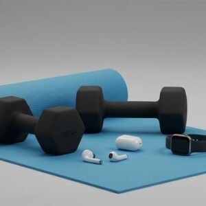 fitness equipment including dumbbells yoga mat earbuds and fitne