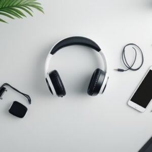 modern workplace flat lay featuring tech gadgets and green plant on white desk